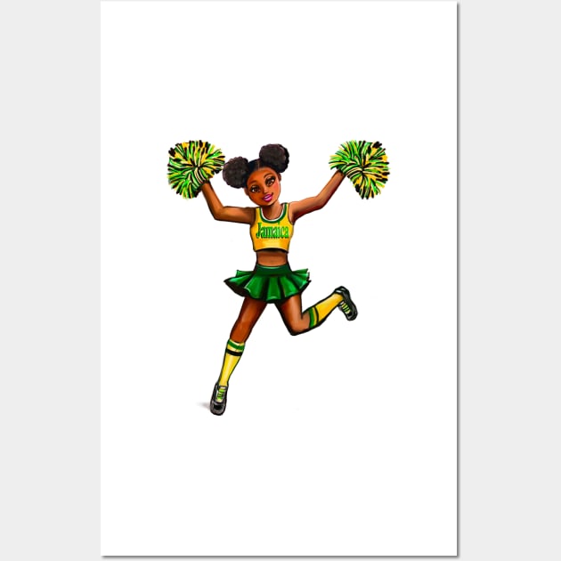 jamaican Reggae Rasta Inspirational motivational affirmation Cheer leader- Cheer Squad - anime girl cheerleader with Afro hair Jamaica Wall Art by Artonmytee